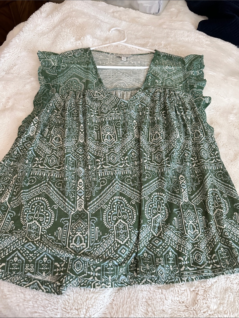 Lucky Brand Green Printed Flutter Tank with Ruffled Shoulders